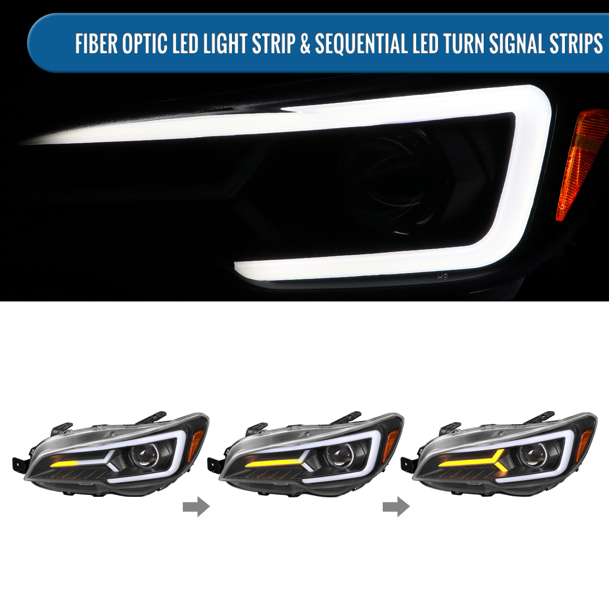 Ronnin - Fits 2015-2021 Subaru WRX STI Upgrade Assembly LED Sequential Turn Signals Projector Halogen Headlights Pair | Black