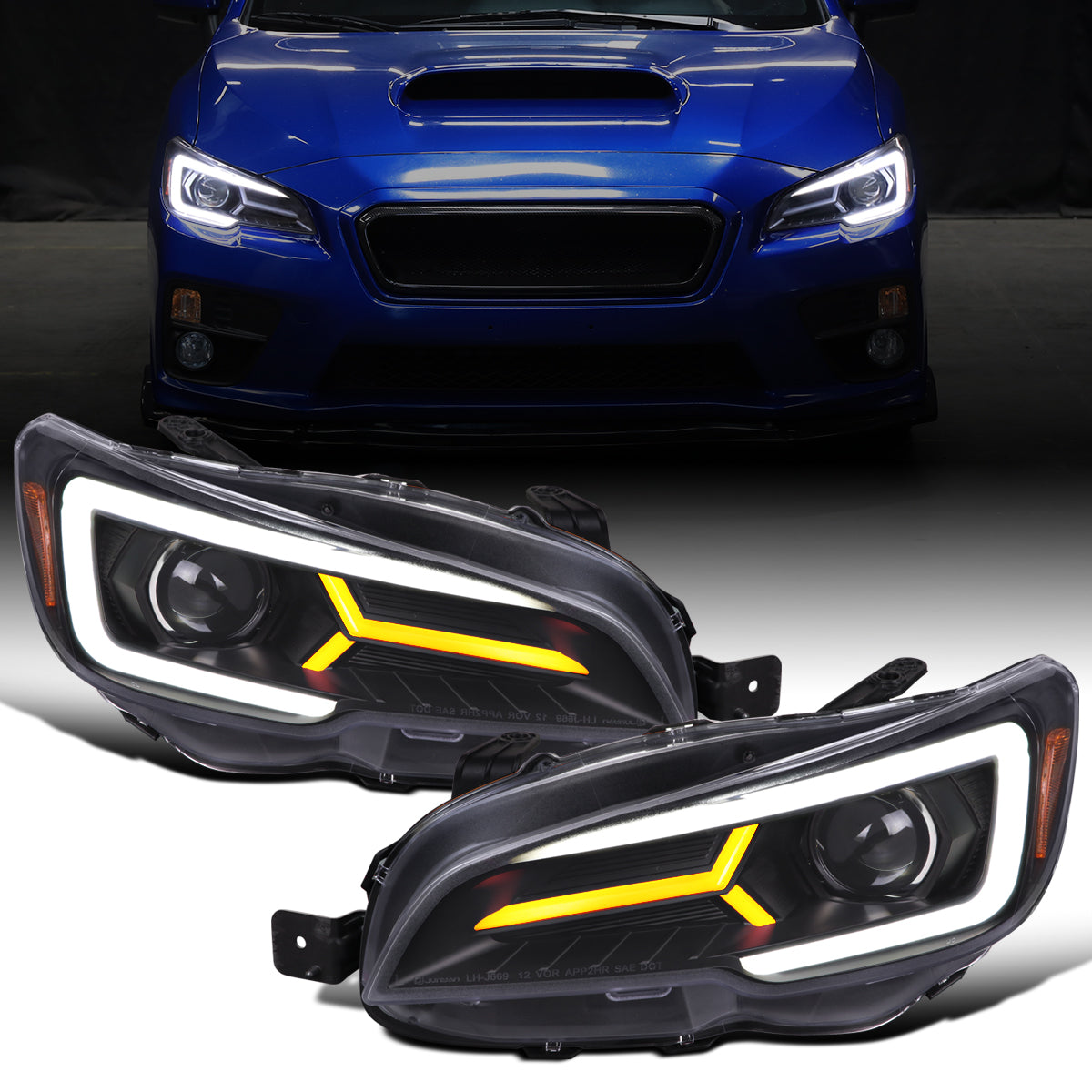 Ronnin - Fits 2015-2021 Subaru WRX STI Upgrade Assembly LED Sequential Turn Signals Projector Halogen Headlights Pair | Black