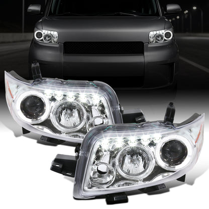 Ronnin - Fits 2008-2010 Scion xB Upgrade LED Halo Rims Running Lights Projector Headlights Assembly Pair | Chrome