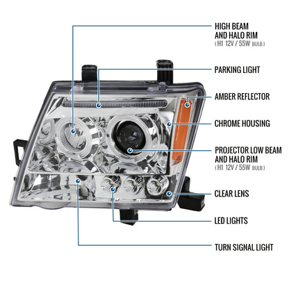 Ronnin - Fits 2005-2015 Nissan Xterra LED Dual Rims Projector Headlights Assembly Replacement Pair | Chrome