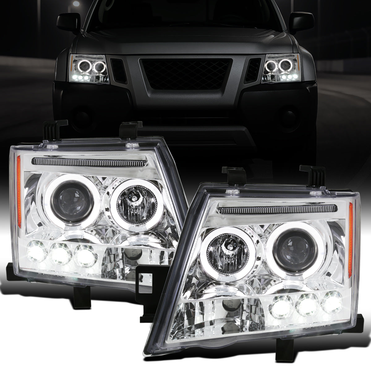 Ronnin - Fits 2005-2015 Nissan Xterra LED Dual Rims Projector Headlights Assembly Replacement Pair | Chrome