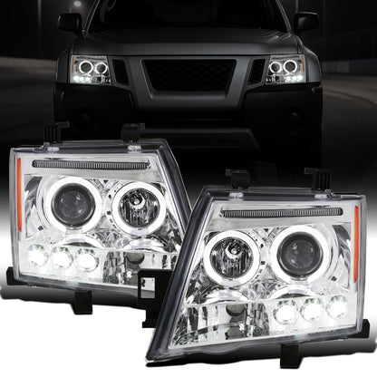 Ronnin - Fits 2005-2015 Nissan Xterra LED Dual Rims Projector Headlights Assembly Replacement Pair | Chrome