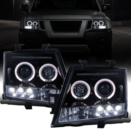 Ronnin - Fits 2005-2015 Nissan Xterra LED Dual Rims Projector Headlights Assembly Replacement Pair | Black Smoke