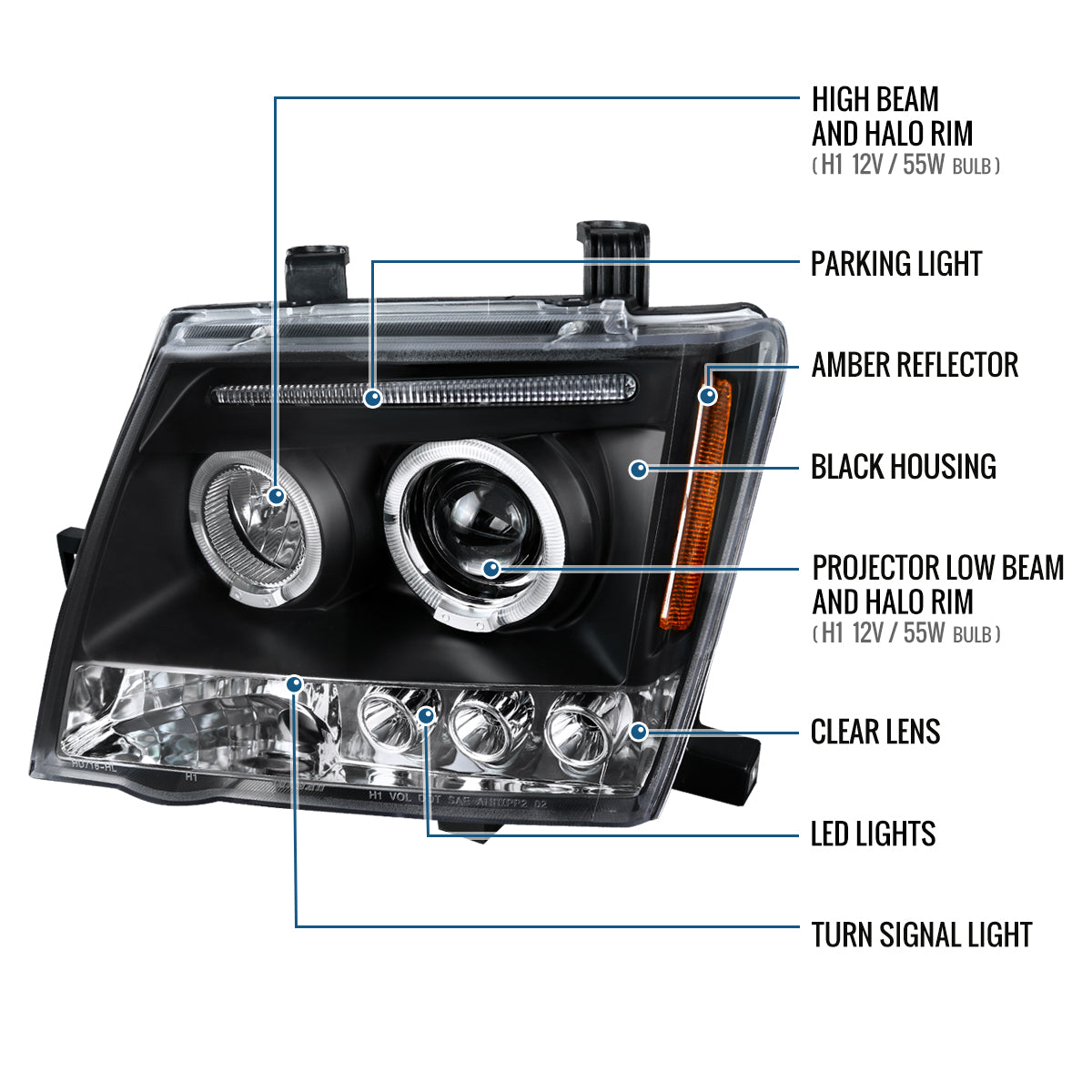 Ronnin - Fits 2005-2015 Nissan Xterra LED Dual Rims Projector Headlights Assembly Replacement Pair | Black