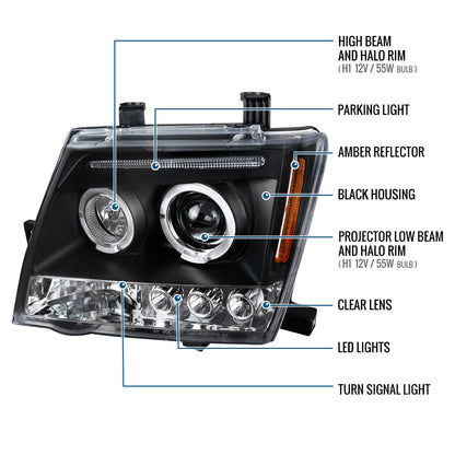 Ronnin - Fits 2005-2015 Nissan Xterra LED Dual Rims Projector Headlights Assembly Replacement Pair | Black