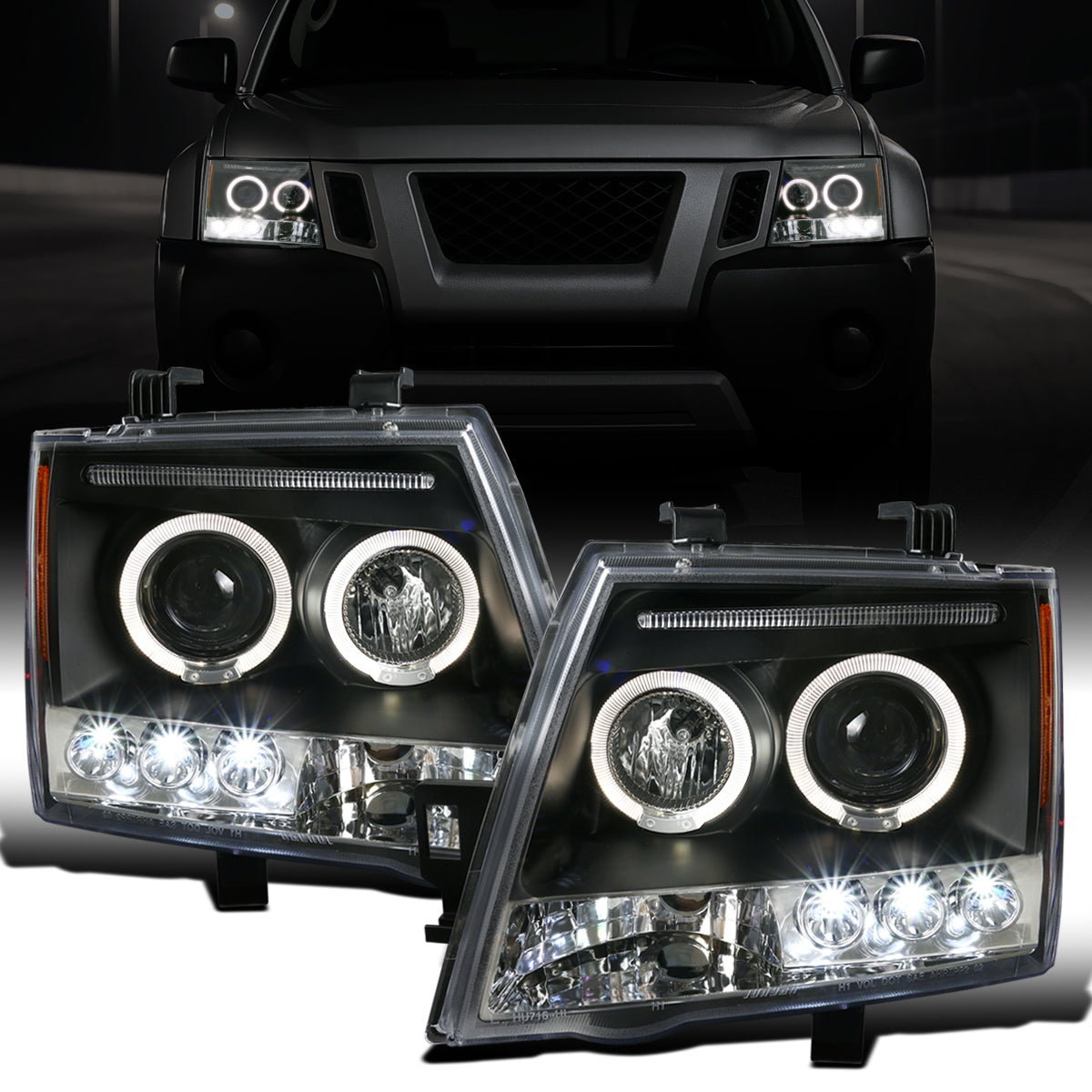 Ronnin - Fits 2005-2015 Nissan Xterra LED Dual Rims Projector Headlights Assembly Replacement Pair | Black