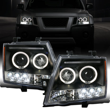 Ronnin - Fits 2005-2015 Nissan Xterra LED Dual Rims Projector Headlights Assembly Replacement Pair | Black