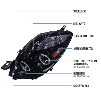 Ronnin - Fits 2006-2008 Toyota Yaris Hatchback LED Dual Halo Rims Running Lights Projector Headlights Assembly Pair | Black Smoke