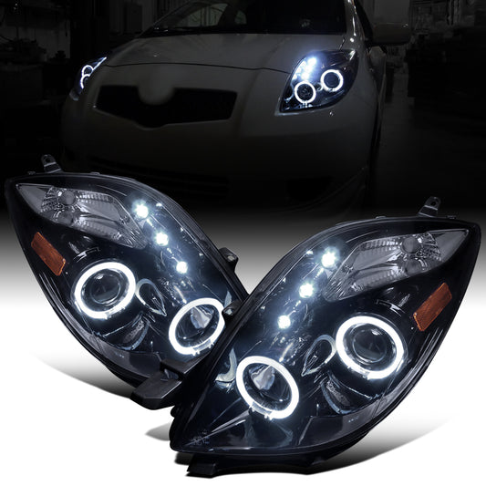 Ronnin - Fits 2006-2008 Toyota Yaris Hatchback LED Dual Halo Rims Running Lights Projector Headlights Assembly Pair | Black Smoke