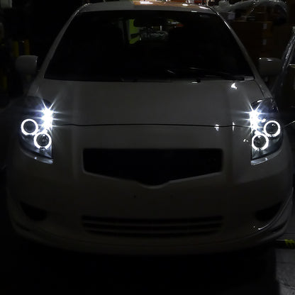 Ronnin - Fits 2006-2008 Toyota Yaris Hatchback US Spec LED Dual Halo Rims Running Lights Projector Headlights Upgrade Pair | Black