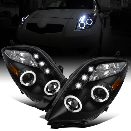 Ronnin - Fits 2006-2008 Toyota Yaris Hatchback US Spec LED Dual Halo Rims Running Lights Projector Headlights Upgrade Pair | Black