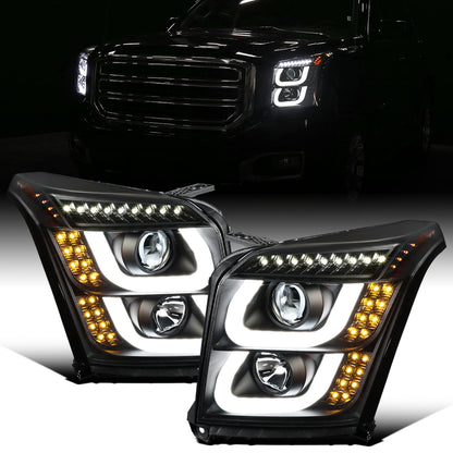 Ronnin - Fits 2015-2020 GMC Yukon/Yukon XL Upgrade Replacement LED Running Turn Signals Projector Headlights Assembly Pair | Black