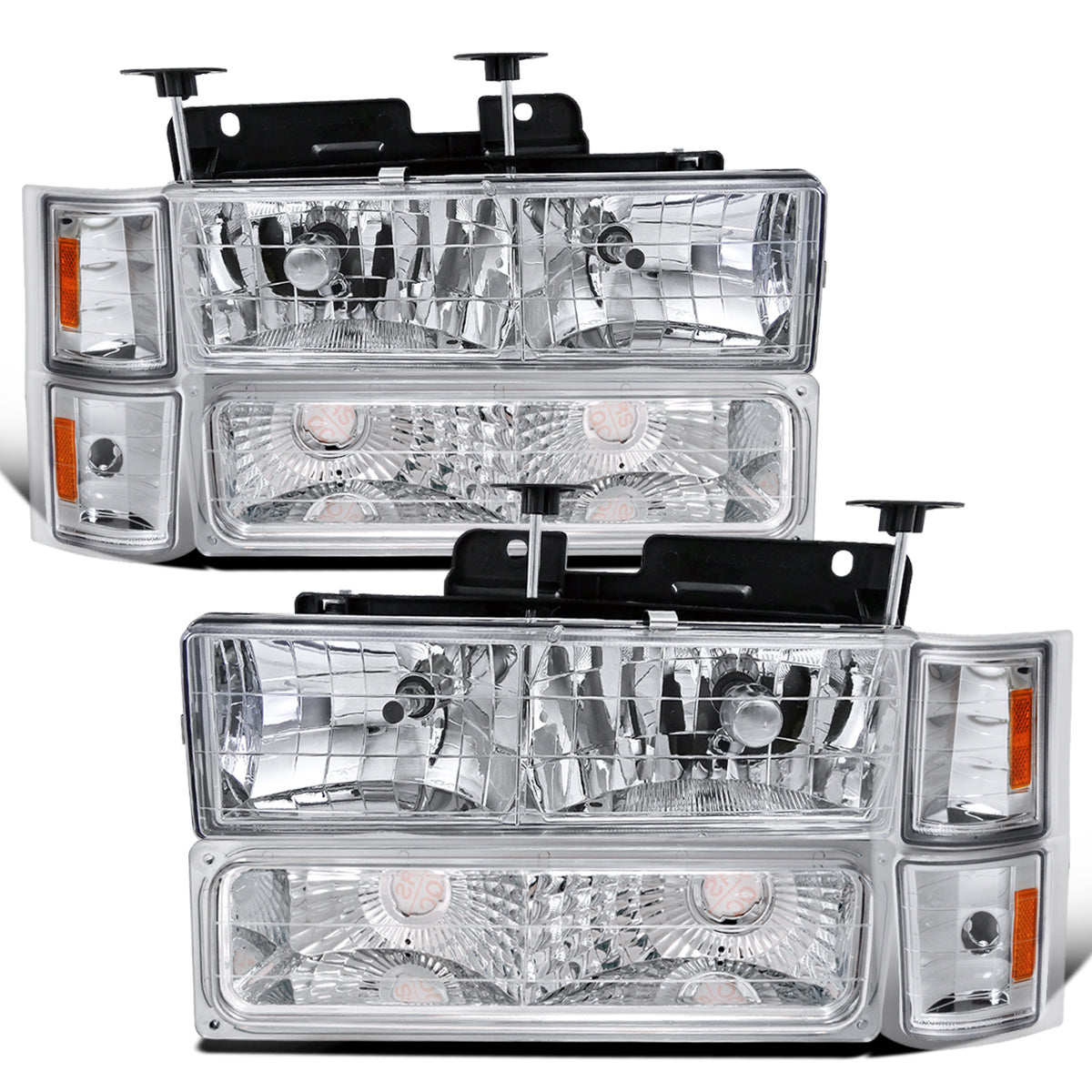 1994-1998 Chevy C10 C/K Silverado Suburban Tahoe Halogen Headlights + Bumper Turn Signal Lights Assembly Pair | Chrome