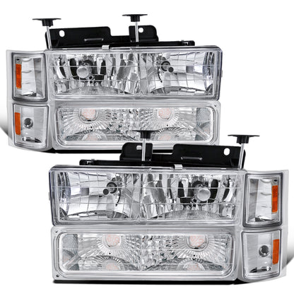 1994-1998 Chevy C10 C/K Silverado Suburban Tahoe Halogen Headlights + Bumper Turn Signal Lights Assembly Pair | Chrome