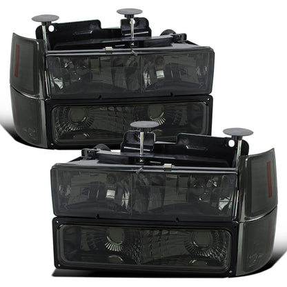 1994-1998 Chevy C10 C/K Silverado Suburban Tahoe Halogen Headlights + Bumper Turn Signal Lights Assembly Pair | Smoke
