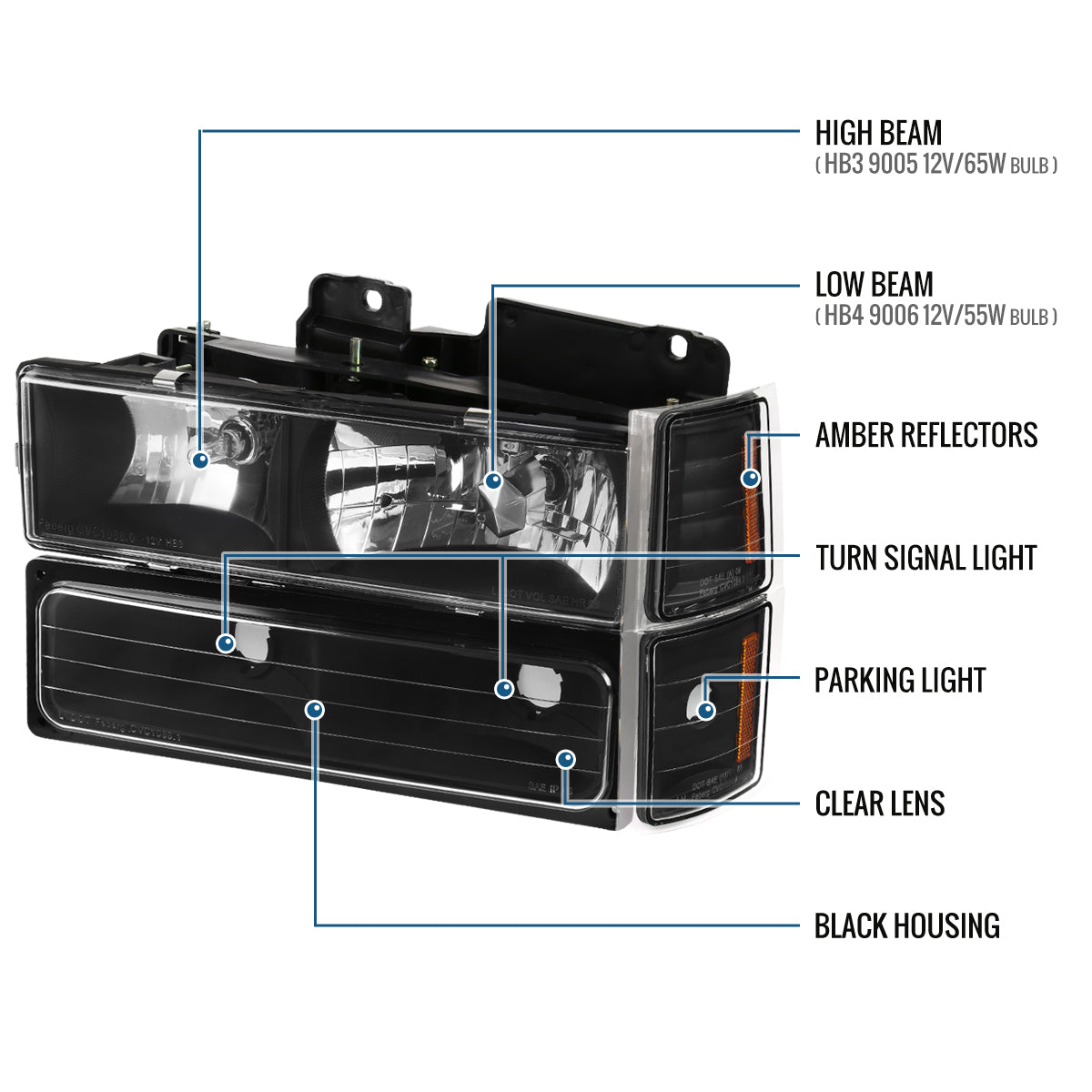 1994-1998 Chevy C10 C/K Silverado Suburban Tahoe Halogen Headlights + Bumper Turn Signal Lights Assembly Pair | Black