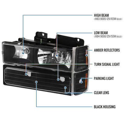 1994-1998 Chevy C10 C/K Silverado Suburban Tahoe Halogen Headlights + Bumper Turn Signal Lights Assembly Pair | Black