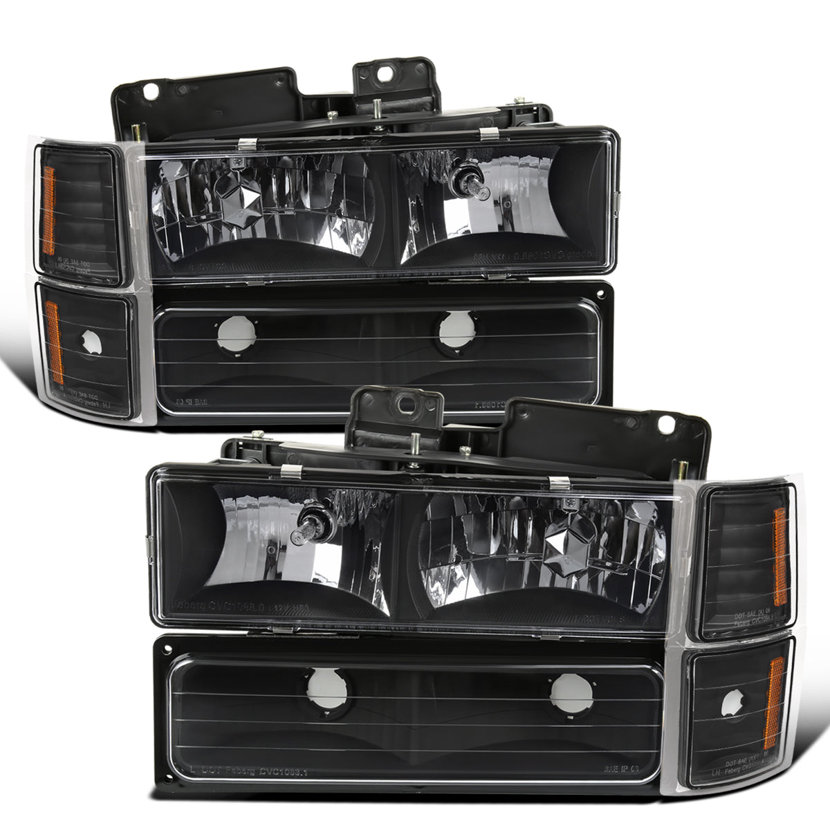 1994-1998 Chevy C10 C/K Silverado Suburban Tahoe Halogen Headlights + Bumper Turn Signal Lights Assembly Pair | Black