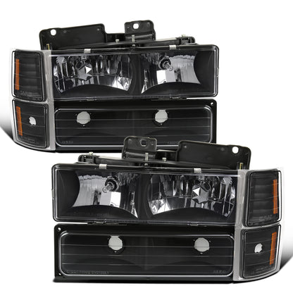 1994-1998 Chevy C10 C/K Silverado Suburban Tahoe Halogen Headlights + Bumper Turn Signal Lights Assembly Pair | Black