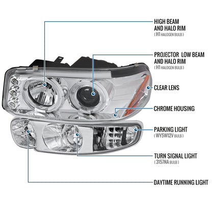 Ronnin - Fits 2000-2006 GMC Yukon XL Sierra Denali Upgraded  LED Dual Halo Rims Running Lights Projector Headlights + Factory Style Bumper Lamps Assembly Pair | Chrome