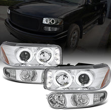 Ronnin - Fits 2000-2006 GMC Yukon XL Sierra Denali Upgraded  LED Dual Halo Rims Running Lights Projector Headlights + Factory Style Bumper Lamps Assembly Pair | Chrome