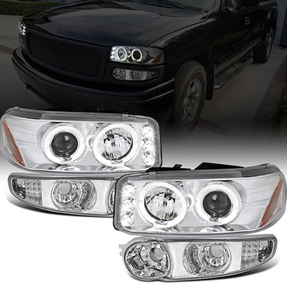 Ronnin - Fits 2000-2006 GMC Yukon XL Sierra Denali Upgraded  LED Dual Halo Rims Running Lights Projector Headlights + Factory Style Bumper Lamps Assembly Pair | Chrome