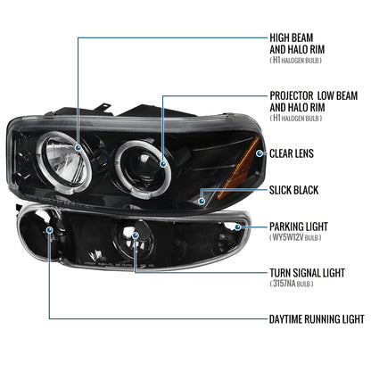 Ronnin - Fits 2000-2006 GMC Yukon XL Sierra Denali Upgraded LED Dual Halo Rims Running Lights Projector Headlights + Factory Style Bumper Lamps Assembly Pair | Glossy Black