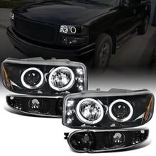 Ronnin - Fits 2000-2006 GMC Yukon XL Sierra Denali Upgraded LED Dual Halo Rims Running Lights Projector Headlights + Factory Style Bumper Lamps Assembly Pair | Glossy Black