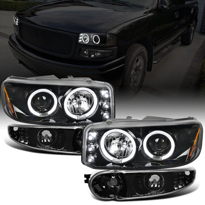 Ronnin - Fits 2000-2006 GMC Yukon XL Sierra Denali Upgraded LED Dual Halo Rims Running Lights Projector Headlights + Factory Style Bumper Lamps Assembly Pair | Glossy Black