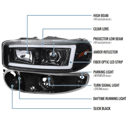 Ronnin - Fits 1999-2007 GMC Yukon XL Sierra Classic Denali Upgraded Replacement LED Tube Running Lights Projector Headlights + Factory Style Bumper Lamps Assembly Pair | Glossy Black