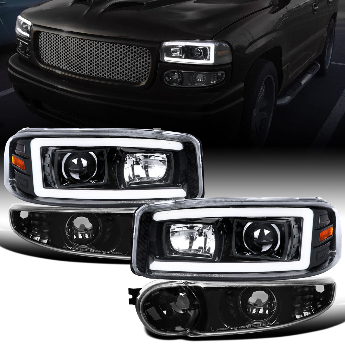 Ronnin - Fits 1999-2007 GMC Yukon XL Sierra Classic Denali Upgraded Replacement LED Tube Running Lights Projector Headlights + Factory Style Bumper Lamps Assembly Pair | Glossy Black