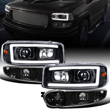 Ronnin - Fits 1999-2007 GMC Yukon XL Sierra Classic Denali Upgraded Replacement LED Tube Running Lights Projector Headlights + Factory Style Bumper Lamps Assembly Pair | Glossy Black