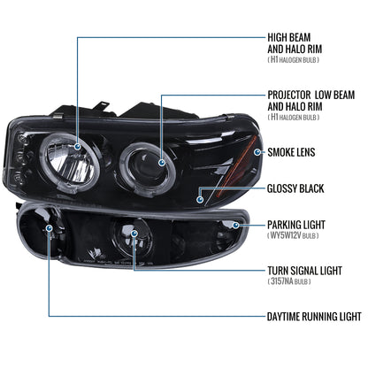 Ronnin - Fits 2000-2006 GMC Yukon XL Sierra Denali Upgraded LED Dual Halo Rims Running Lights Projector Headlights + Factory Style Bumper Lamps Assembly Pair | Black Smoke