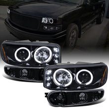 Ronnin - Fits 2000-2006 GMC Yukon XL Sierra Denali Upgraded LED Dual Halo Rims Running Lights Projector Headlights + Factory Style Bumper Lamps Assembly Pair | Black Smoke
