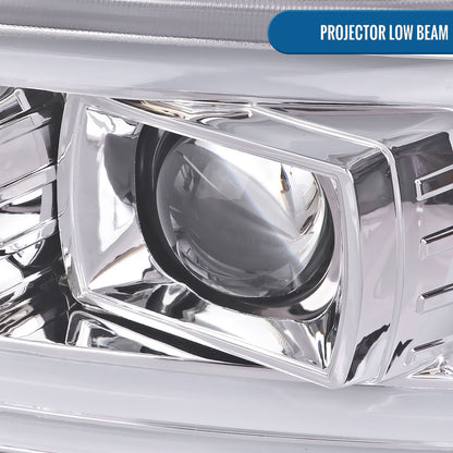 Ronnin - Fits 1999-2007 GMC Yukon XL Sierra Classic Denali LED Tube Running Lights Projector Headlights + Factory Style Bumper Lamps Assembly Pair | Chrome