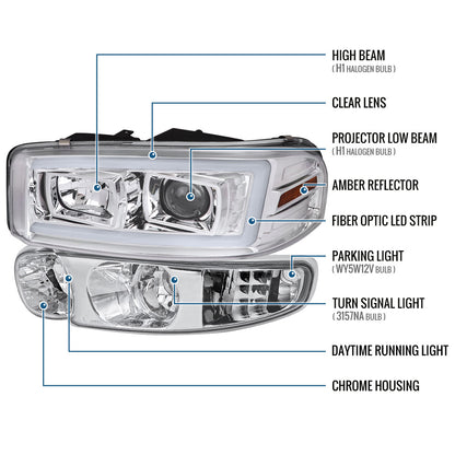 Ronnin - Fits 1999-2007 GMC Yukon XL Sierra Classic Denali LED Tube Running Lights Projector Headlights + Factory Style Bumper Lamps Assembly Pair | Chrome