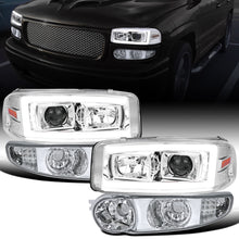 Ronnin - Fits 1999-2007 GMC Yukon XL Sierra Classic Denali LED Tube Running Lights Projector Headlights + Factory Style Bumper Lamps Assembly Pair | Chrome
