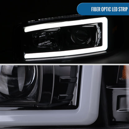 Ronnin - Fits 1999-2007 GMC Yukon XL Sierra Classic Denali LED Tube Running Lights Projector Headlights + Factory Style Bumper Lamps Assembly Pair | Black Smoke