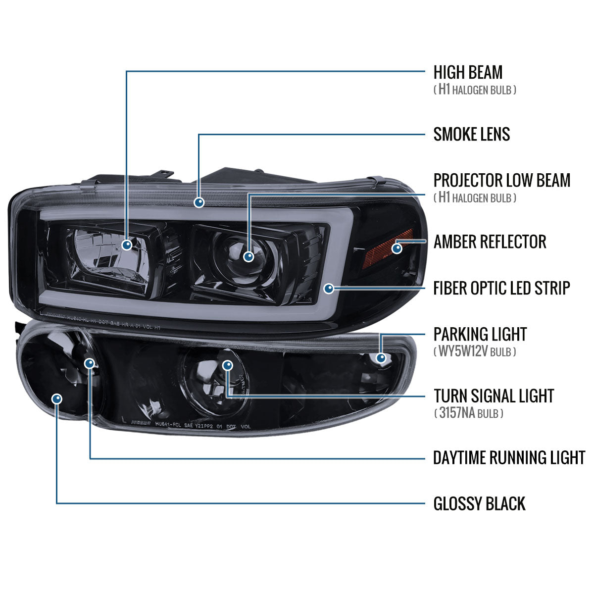 Ronnin - Fits 1999-2007 GMC Yukon XL Sierra Classic Denali LED Tube Running Lights Projector Headlights + Factory Style Bumper Lamps Assembly Pair | Black Smoke