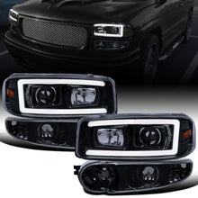Ronnin - Fits 1999-2007 GMC Yukon XL Sierra Classic Denali LED Tube Running Lights Projector Headlights + Factory Style Bumper Lamps Assembly Pair | Black Smoke