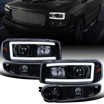 Ronnin - Fits 1999-2007 GMC Yukon XL Sierra Classic Denali LED Tube Running Lights Projector Headlights + Factory Style Bumper Lamps Assembly Pair | Black Smoke