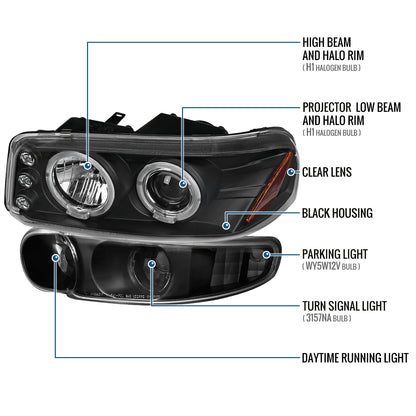Ronnin - Fits 2000-2006 GMC Yukon XL Sierra Denali Upgraded Replacement LED Dual Halo Rims Running Lights Projector Headlights + Factory Style Bumper Lamps Assembly Pair | Black