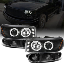 Ronnin - Fits 2000-2006 GMC Yukon XL Sierra Denali Upgraded Replacement LED Dual Halo Rims Running Lights Projector Headlights + Factory Style Bumper Lamps Assembly Pair | Black