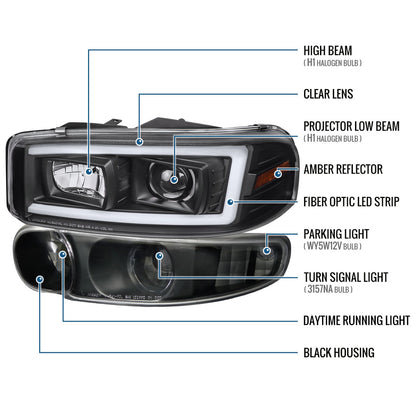 Ronnin - Fits 1999-2007 GMC Yukon XL Sierra Classic Denali LED Tube Running Lights Projector Headlights + Factory Style Bumper Lamps Assembly Pair | Black