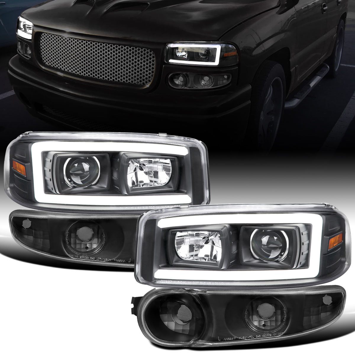 Ronnin - Fits 1999-2007 GMC Yukon XL Sierra Classic Denali LED Tube Running Lights Projector Headlights + Factory Style Bumper Lamps Assembly Pair | Black