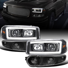 Ronnin - Fits 1999-2007 GMC Yukon XL Sierra Classic Denali LED Tube Running Lights Projector Headlights + Factory Style Bumper Lamps Assembly Pair | Black