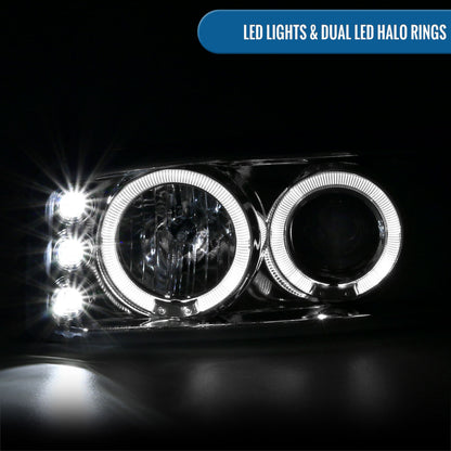 Ronnin - Compatible con GMC Yukon XL Sierra Classic 1999-2007, faros delanteros con proyector de LED mejorados con doble aro halo y luces diurnas + conjunto de luces de parachoques estilo B | Cromo