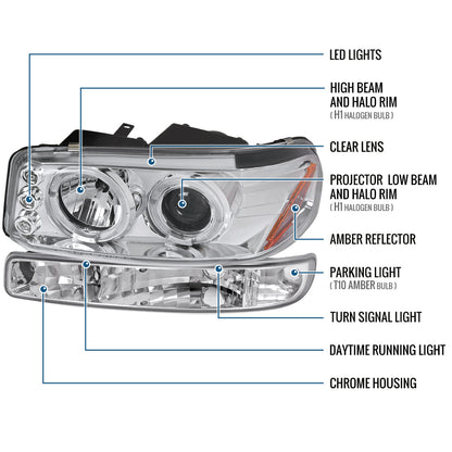 Ronnin - Compatible con GMC Yukon XL Sierra Classic 1999-2007, faros delanteros con proyector de LED mejorados con doble aro halo y luces diurnas + conjunto de luces de parachoques estilo B | Cromo