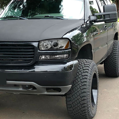 Ronnin - Compatible con GMC Yukon XL Sierra Classic 1999-2007, faros delanteros con proyector de LED mejorados con doble aro halo y luces diurnas + conjunto de luces de parachoques estilo B | Cromo