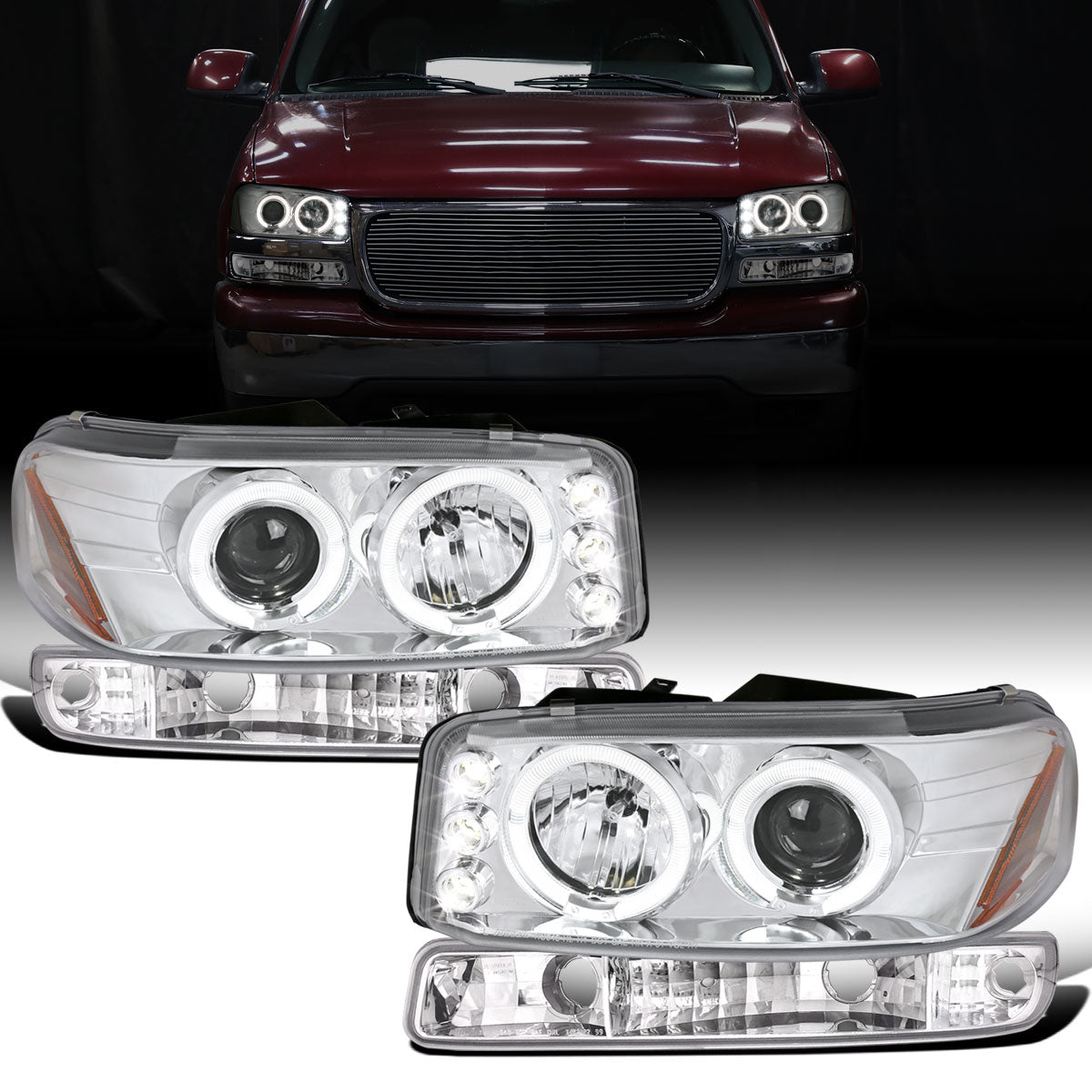 Ronnin - Compatible con GMC Yukon XL Sierra Classic 1999-2007, faros delanteros con proyector de LED mejorados con doble aro halo y luces diurnas + conjunto de luces de parachoques estilo B | Cromo